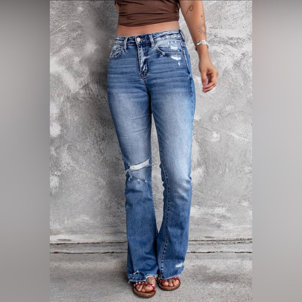 NWT Blue Distressed Flare Jeans - Picture 4 of 14